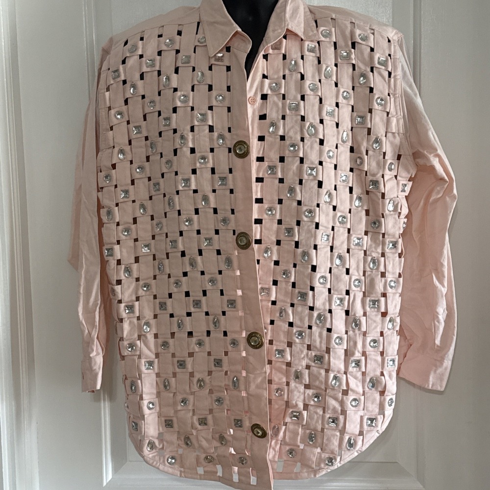 90s Yak Magik Shacket Women's Sz‎ Medium Pink Woven Button Up Artsy Unique Bling